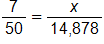the fraction 7 over 50, end fraction, equals, the fraction x over 14,878