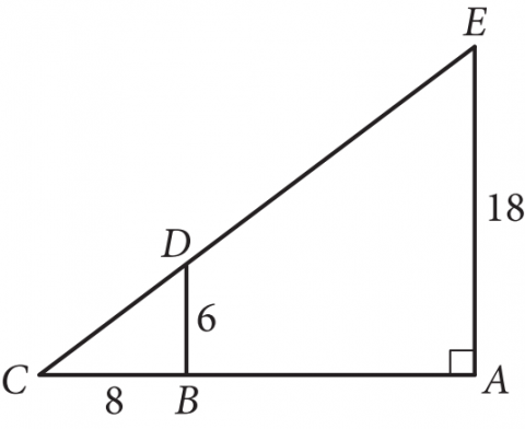 The figure presents triangle A, C E, with horizontal side A, C. Side A, E, is perpendicular to side A, C, such that point E, is above point A. Point B, lies on horizontal side A, C, point D, lies on hypotenuse C E, and line segment B D, is drawn such that it is parallel to side A, E, and forms triangle C D B. Side A, E, is labeled 18, side B C, is labeled 8, side B D, is labeled 6, and a right angle symbol is at point A