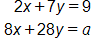 Equation 1: 2 x, plus 7 y, equals 9. Equation 2: 8 x, plus 28 y, equals a