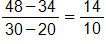 the fraction with numerator 48 minus 34, and denominator 30 minus 20, end fraction, equals 14 over 10