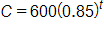 C equals, 600 times, open parenthesis, 0 point 8 5, close parenthesis, to the t power