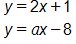 Equation 1: y equals, 2 x plus 1. Equation 2: y equals, a, x minus 8.