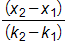 the fraction with numerator, x sub 2 minus x sub 1, and denominator k sub 2 minus k sub 1, end fraction
