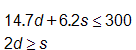 14 point 7 d, plus, 6 point 2 s, is less than or equal to 300, and, 2 d is greater than or equal to s