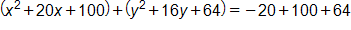 open parenthesis, x squared, plus 20 x, plus 100, close parenthesis, plus, open parenthesis, y squared, plus 16 y, plus 64, close parenthesis, equals negative 20, plus 100, plus 64