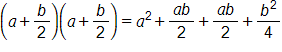 open parenthesis, a, plus the fraction b over 2, close parenthesis, times, open parenthesis, a, plus the fraction b over 2, close parenthesis, equals, a, squared, plus the fraction with numerator a, b and denominator 2, end fraction, plus the fraction with numerator a, b and denominator 2, end fraction, plus the fraction b squared, over 4
