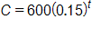 C equals, 600 times, open parenthesis, 0 point 1 5, close parenthesis, raised to the t power
