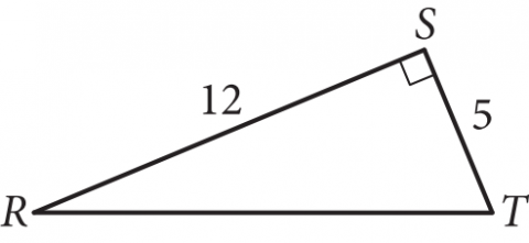The figure presents right triangle R S T such that side R T is horizontal, vertex T is to the right of vertex R, and vertex S is above R T. Side R S is labeled 12. Side S T is labeled 5. Angle S is a right angle