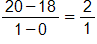 the fraction with numerator 20 minus 18, and denominator 1 minus 0, end fraction, equals, the fraction 2 over 1