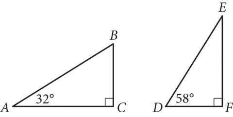 The figure presents two right triangles, A, B C and D E F. In triangle A, B C, side A, C is horizontal and side B C is drawn such that it is perpendicular to side A, C and point B, is above point C.  Angle A, is labeled 32 degrees and the right angle symbol is indicated at angle C. In triangle D E F, side D F is horizontal, side E F is drawn such that it is perpendicular to side D F, and point E, is above point F. Angle D is labeled 58 degrees and the right angle symbol is indicated at angle F. 
