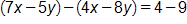 open parenthesis, 7 x minus 5 y, close parenthesis, minus, open parenthesis, 4 x minus 8 y, close parenthesis, equals, 4 minus 9