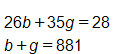 Each option consists of two equations. 26 b plus 35 g, equals 28, 
and, b plus g, equals 881
