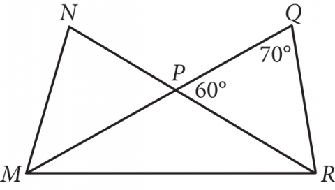 The figure presents line segments MQ and NR that intersect at point P, where point N is above and slightly to the right of point M and point Q is above and slightly to the left of point R. Line segments MN, QR, and horizontal line segment M, R are drawn forming triangles MNR and QMR. The measure of angle QPR is labeled 60 degrees and the angle measure of MQR is labeled 70 degrees.