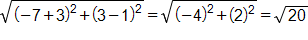 the square root of, open parenthesis, negative 7 plus 3, close parenthesis, squared, plus, open parenthesis, 3 minus 1, close parenthesis, squared, end root, equals, the square root of, open parenthesis, negative 4, close parenthesis, squared, plus, open parenthesis, 2, close parenthesis, squared, end root, which equals the square root of 20