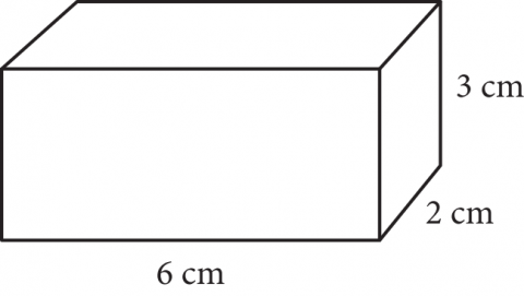 The figure presents a right rectangular prism. The length of the prism is 6 centimeters, the width of the prism is 2 centimeters, and the height of the prism is 3 centimeters.