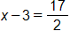 x minus 3, equals, the fraction 17 over 2