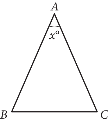 The figure presents triangle B A, C, such that side B C is horizontal and vertex A, is above side B C. Angle A, is labeled x degrees.