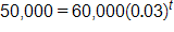 50,000 equals, 60,000 times, open parenthesis, 0 point 0 3, close parenthesis, to the power t