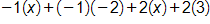 negative one times x, plus, negative 1 times negative 2, plus, 2 times x, plus, 2 times 3