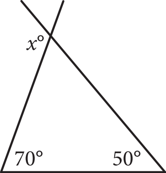 The figure presents a triangle with a horizontal base. The left and right sides of the triangle are both extended past the top vertex of the triangle. The bottom left angle is labeled 70 degrees, and the bottom right angle is labeled 50 degrees. The angle above the left side of the triangle and below the extension of the right side of the triangle is labeled x degrees.