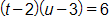 open parenthesis, t minus 2, close parenthesis, times, open parenthesis, u minus 3, close parenthesis, equals 6