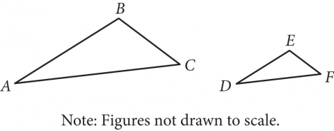 The figure presents two triangles, triangle A, B C and triangle D E F. The two triangles are placed side by side, and triangle A, B C is larger than triangle D E F. In triangle A, B C, side A, B slants upward and to the right, side B C slants downward and to the right, and side A, C slants slightly upward and to the right. In triangle D E F, side D E slants upward and to the right, side E F slants downward and to the right, and side D F slants slightly upward and to the right. A note indicates that the figures are not drawn to scale.